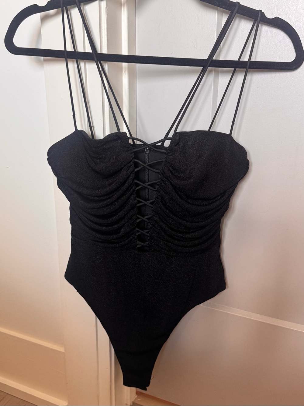 Misha Black Lace-Up Ruched Women's Bodysuit